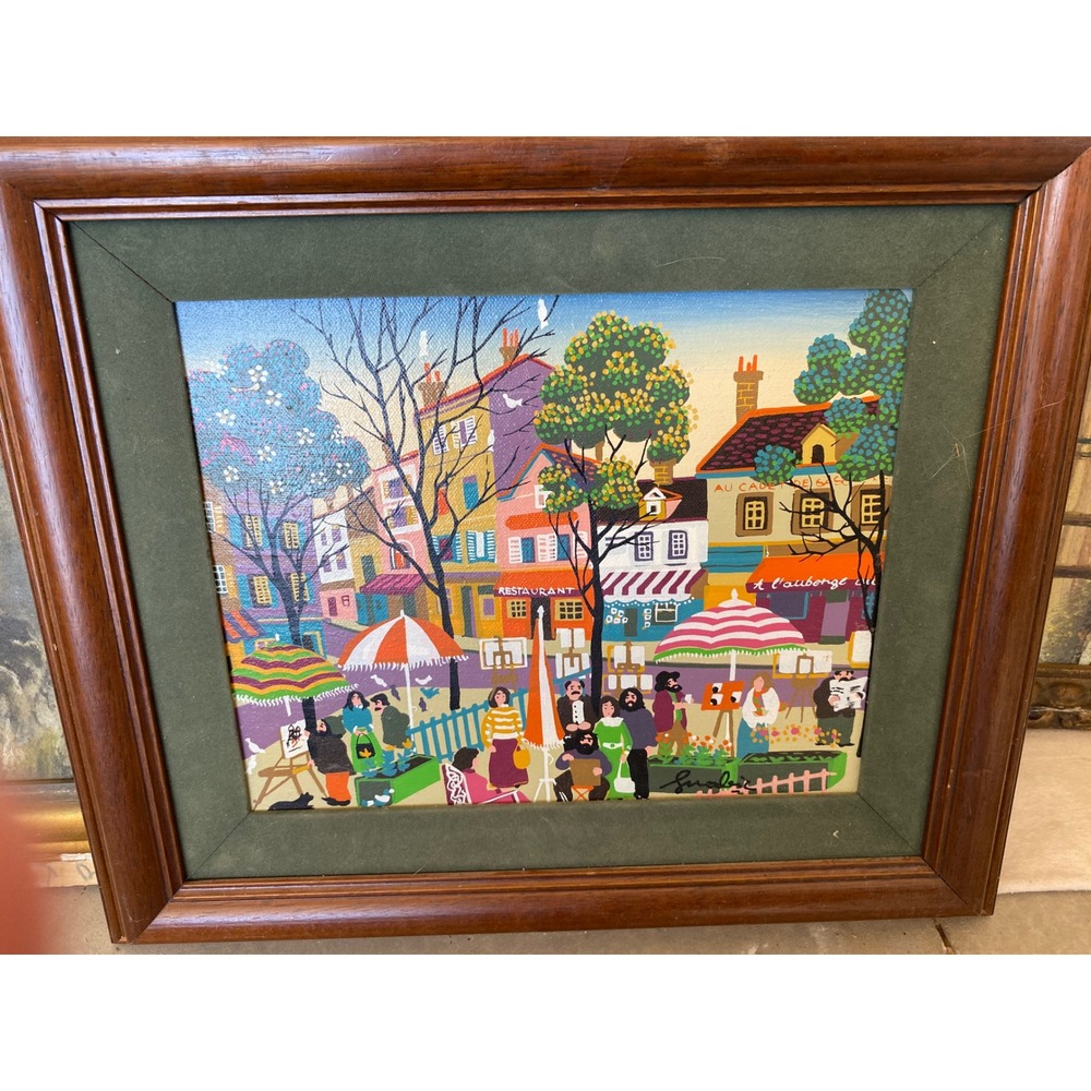 Vintage Marc Svabic French Street Scene Painting Framed Signed Naive Folk Art